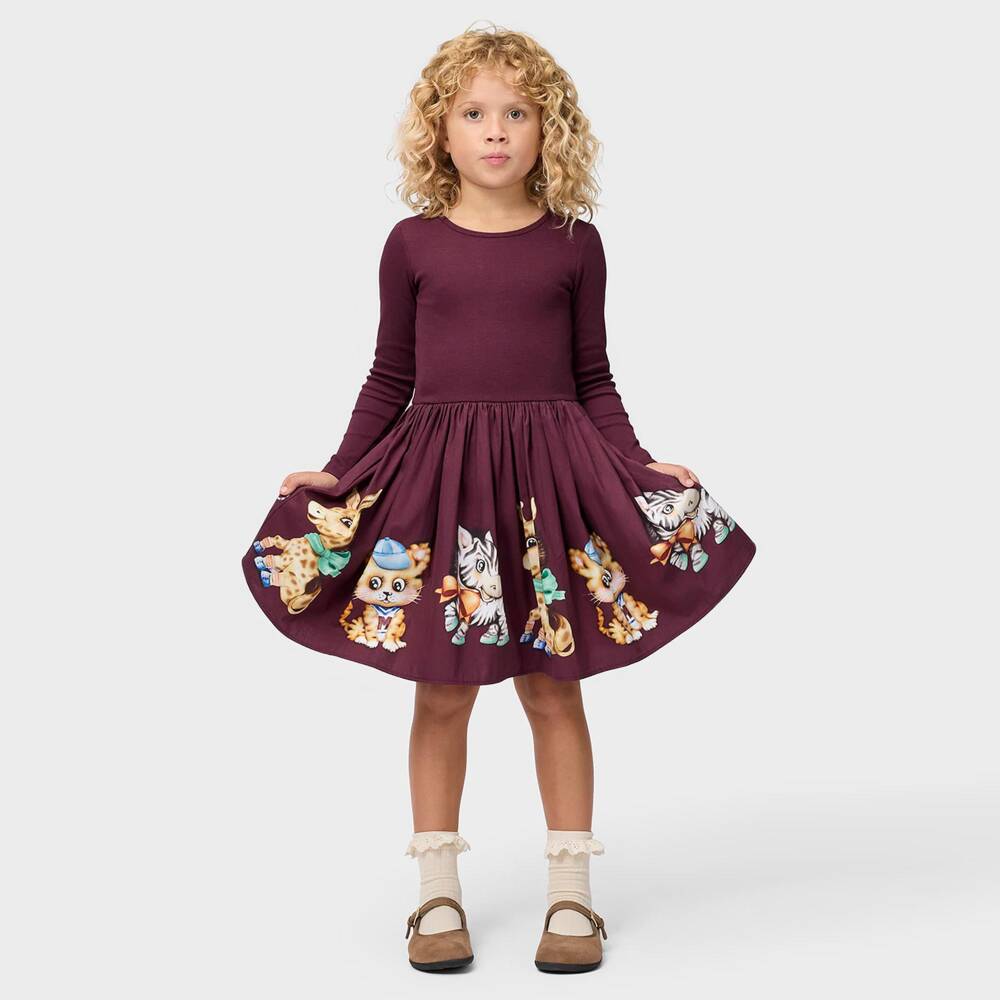 Molo-Girls Dark Burgundy Animal Print Dress | Childrensalon