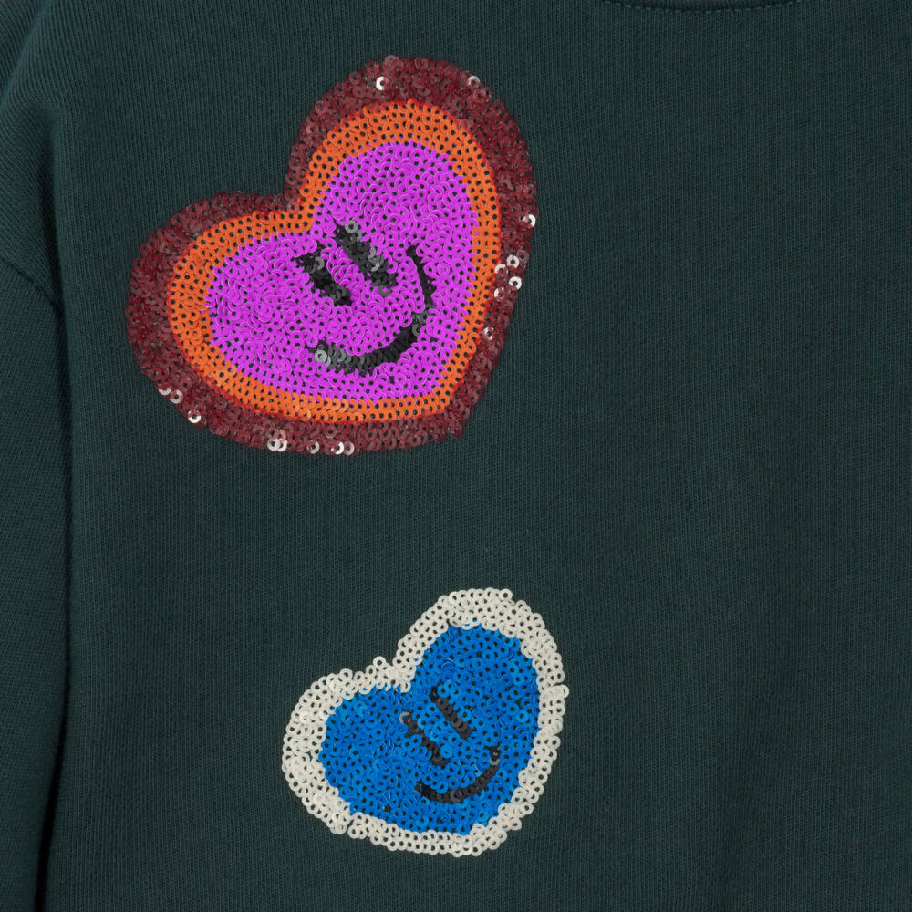 Molo-Girls Dark Green Sequin Hearts Sweatshirt | Childrensalon