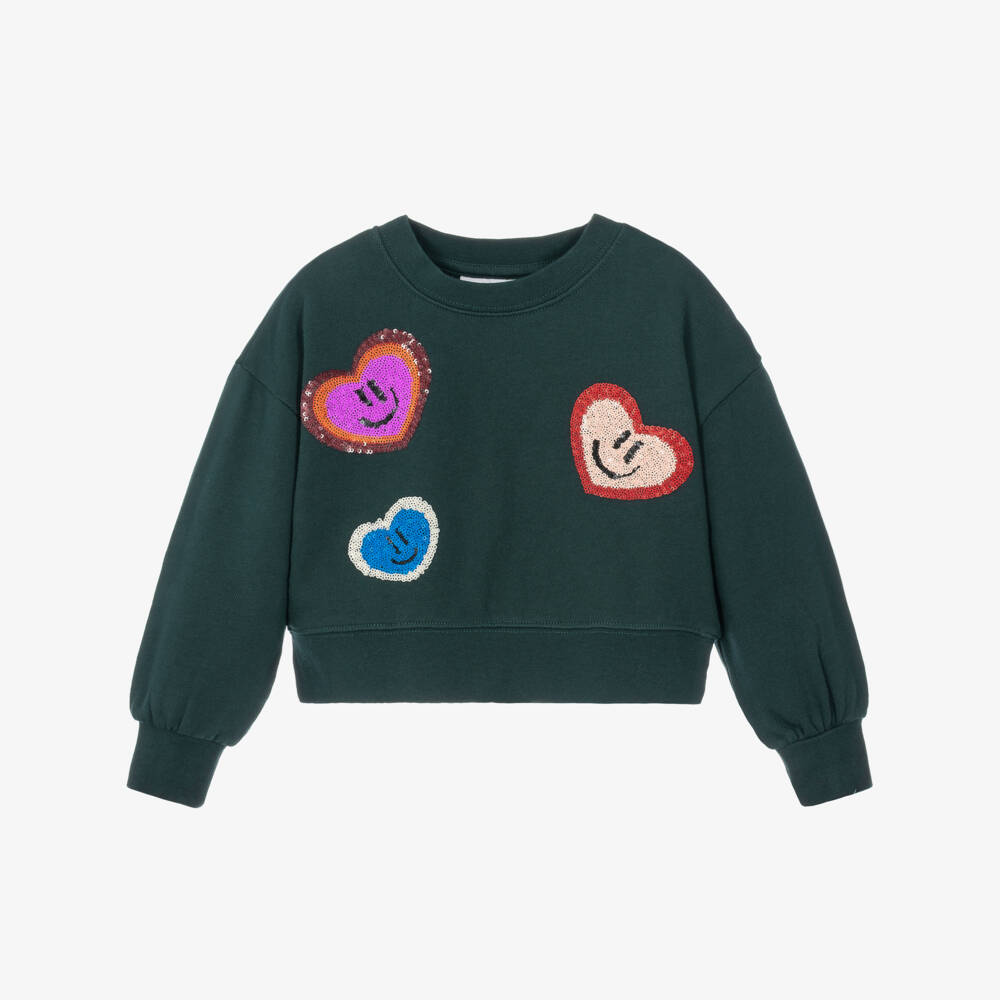 Molo-Girls Dark Green Sequin Hearts Sweatshirt | Childrensalon