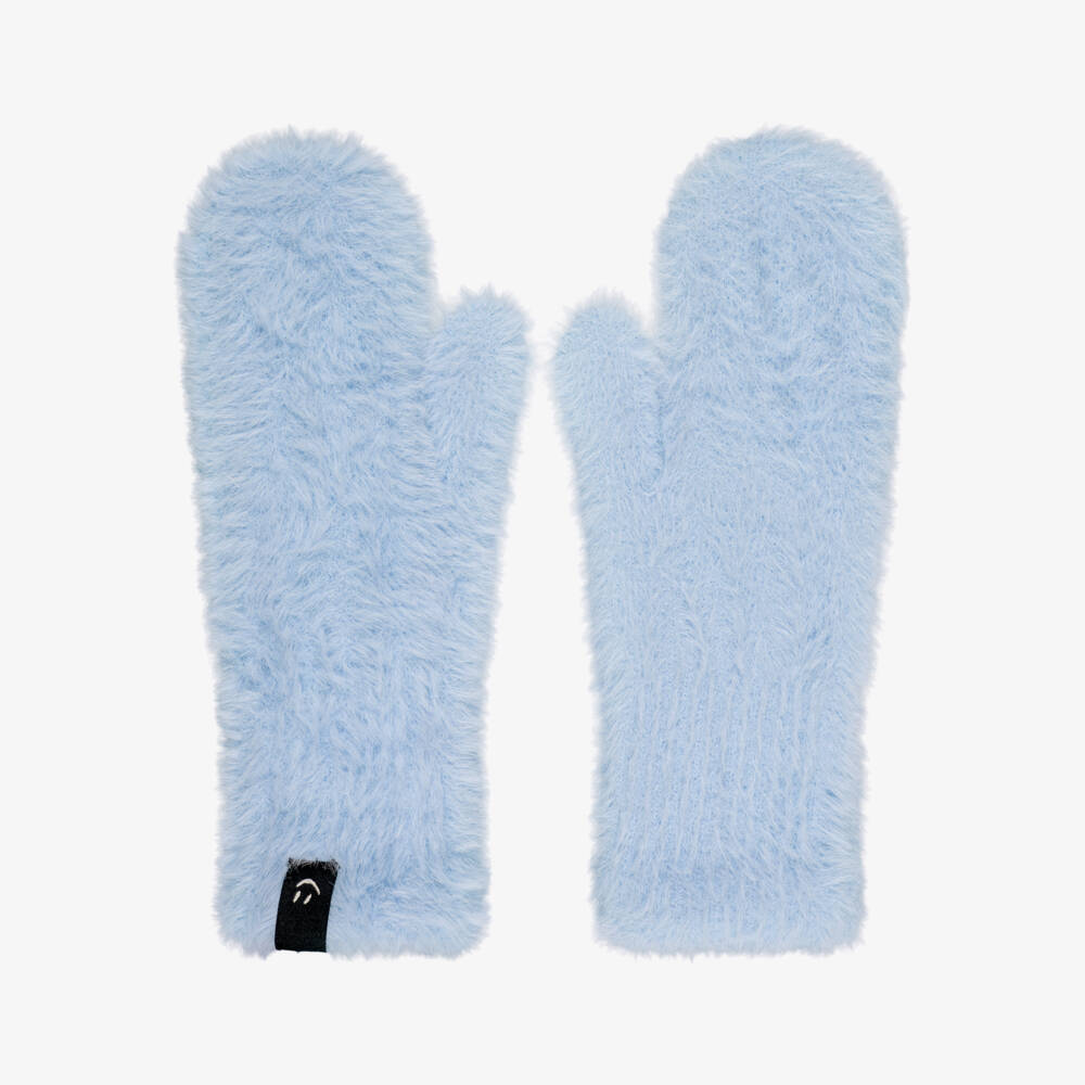 Molo-Girls Fluffy Knit Mittens in Icy Blue | Childrensalon
