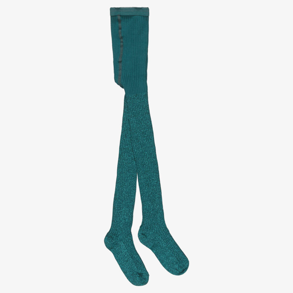 Molo-Girls Glittery Green Ribbed Tights | Childrensalon