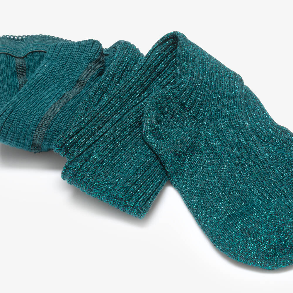 Molo-Girls Glittery Green Ribbed Tights | Childrensalon