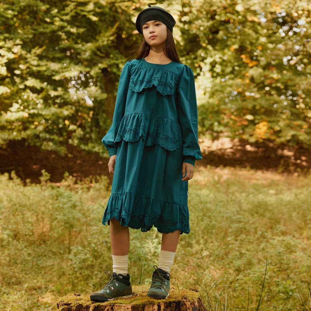 Molo-Girls Green Broderie Trim Cotton Poplin Dress | Childrensalon