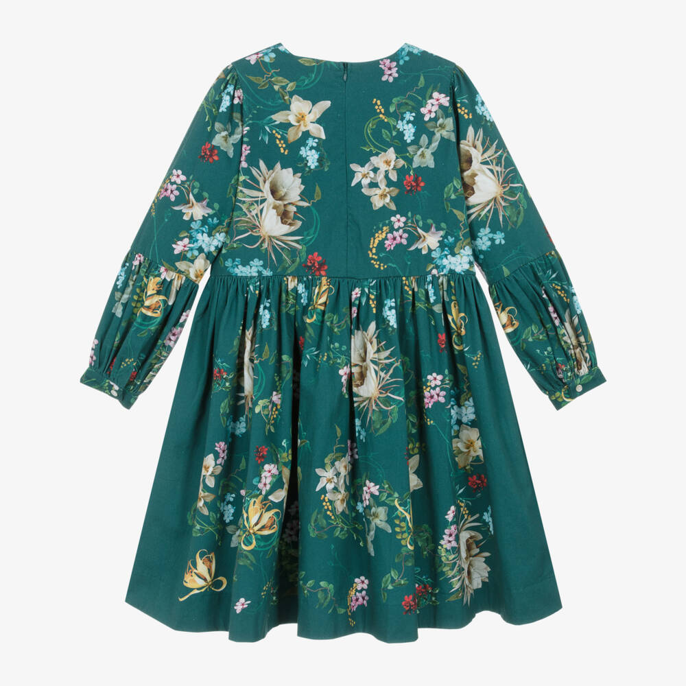Molo-Girls Green Floral Print Cotton Twill Dress | Childrensalon
