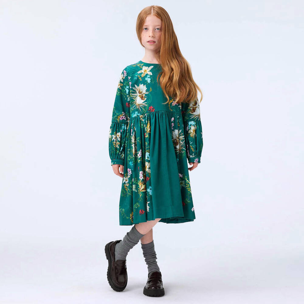 Molo-Girls Green Floral Print Cotton Twill Dress | Childrensalon