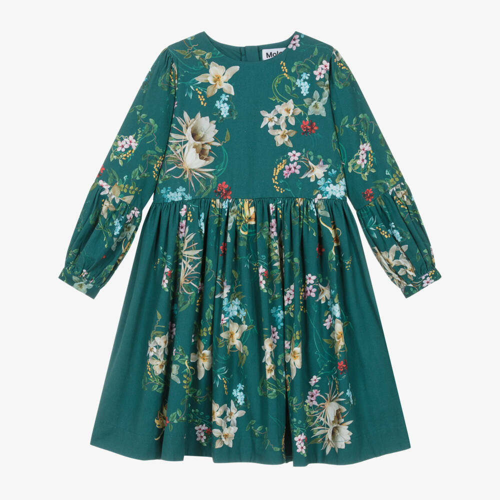 Molo-Girls Green Floral Print Cotton Twill Dress | Childrensalon