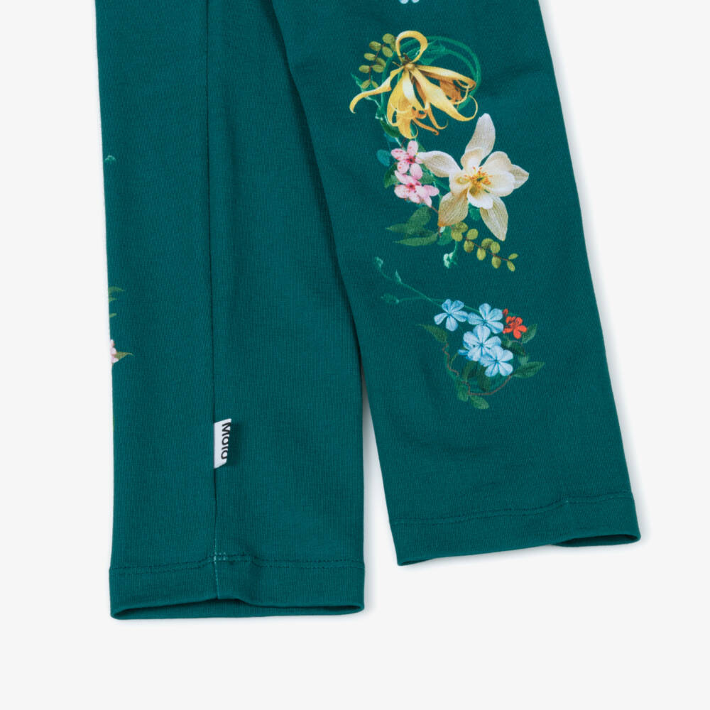 Molo-Girls Green Floral Print Organic Cotton Jersey Leggings | Childrensalon