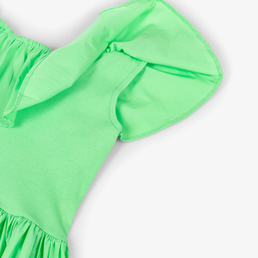 Molo-Girls Green Organic Cotton One Shoulder Ruffle Dress | Childrensalon