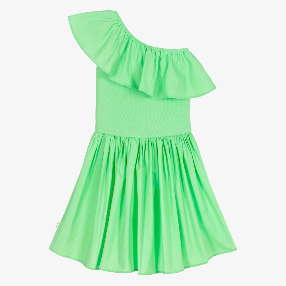 Molo-Girls Green Organic Cotton One Shoulder Ruffle Dress | Childrensalon
