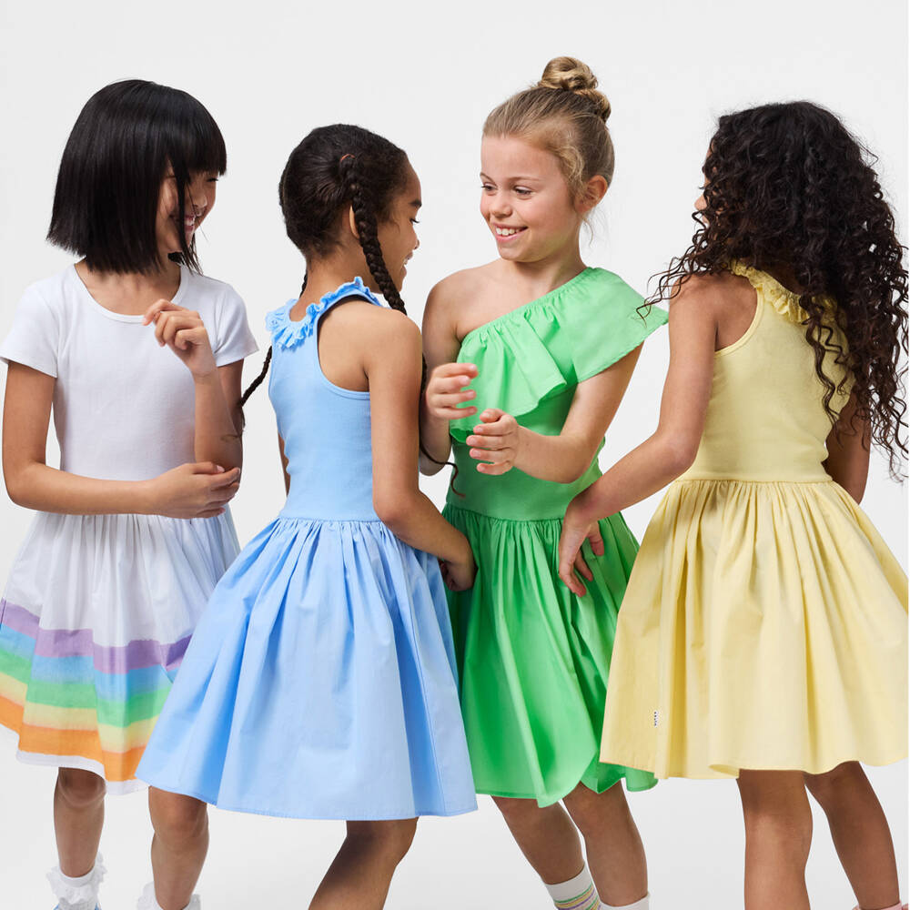 Molo-Girls Green Organic Cotton One Shoulder Ruffle Dress | Childrensalon