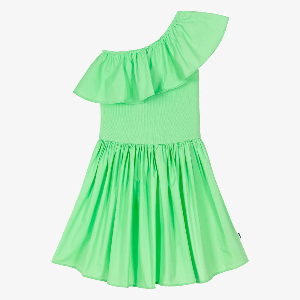 Molo-Girls Green Organic Cotton One Shoulder Ruffle Dress | Childrensalon