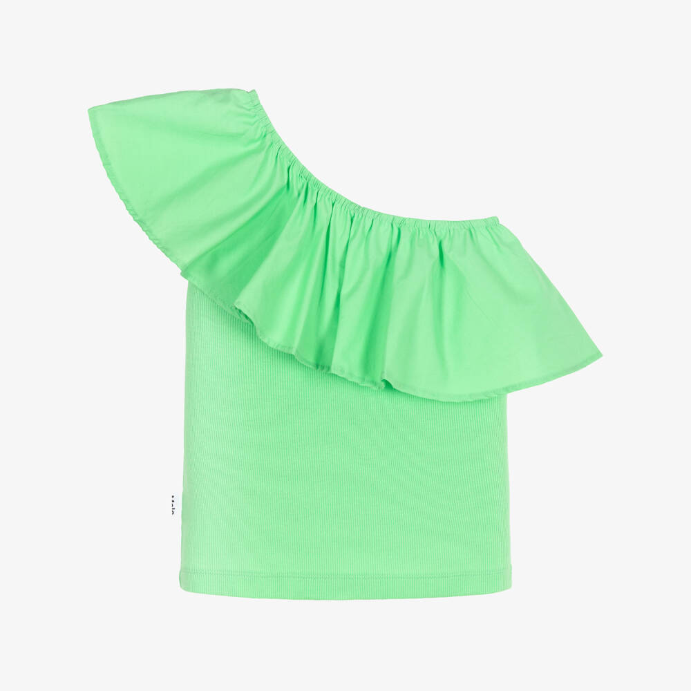 Molo-Girls Green Organic Cotton One Shoulder Top | Childrensalon