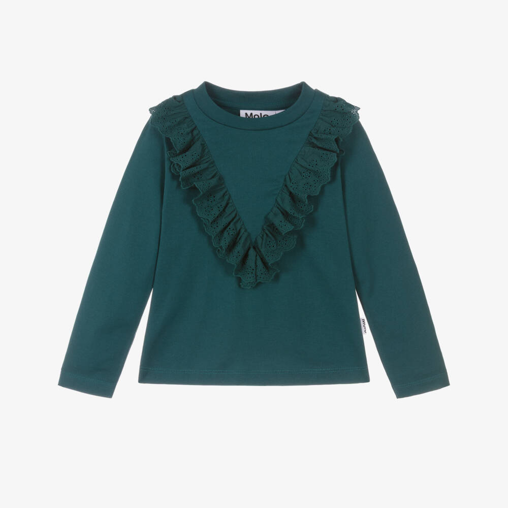 Molo-Girls Green Organic Cotton Ruffle Trim Top | Childrensalon