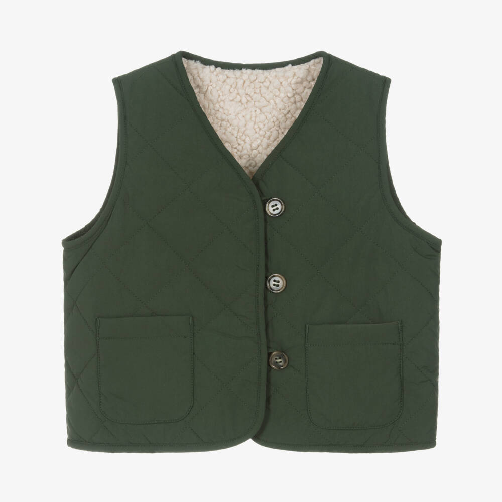 Molo-Girls Green Quilted & Ivory Fleece Reversible Gilet | Childrensalon