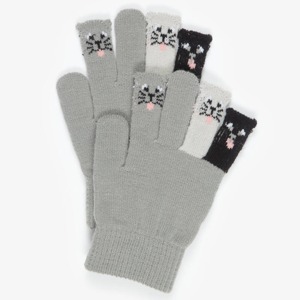 Molo-Girls Grey Knitted Gloves with Kitty Motifs | Childrensalon