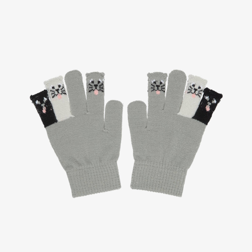 Molo-Girls Grey Knitted Gloves with Kitty Motifs | Childrensalon