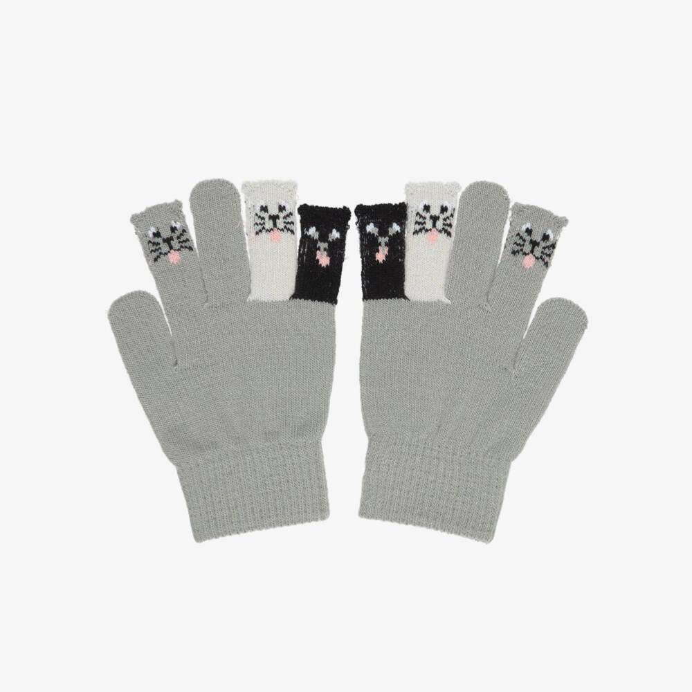 Molo-Girls Grey Knitted Gloves with Kitty Motifs | Childrensalon