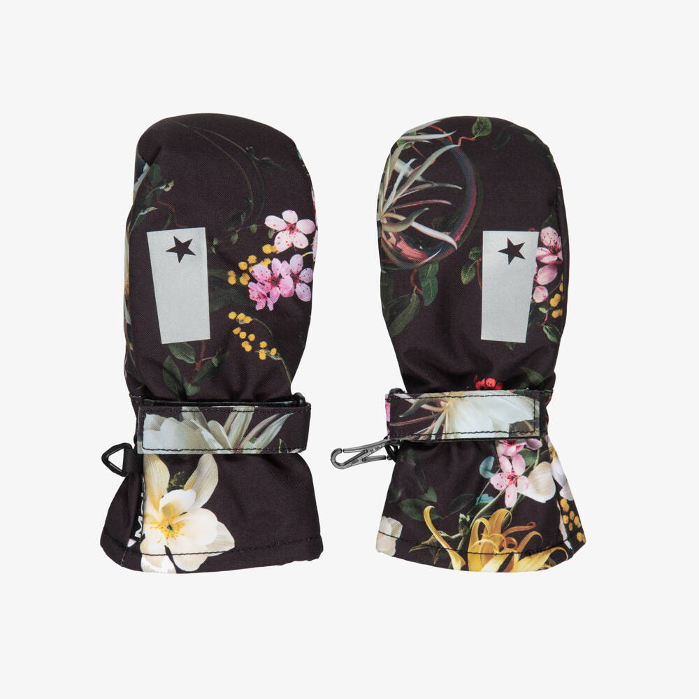 Molo-Girls Ivory & Black Floral Print Ski Gloves | Childrensalon