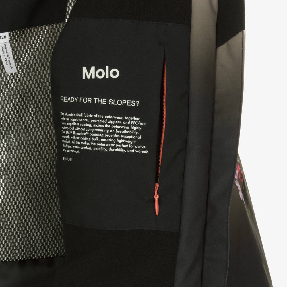 Molo-Girls Ivory & Black Floral Print Technical Ski Jacket | Childrensalon