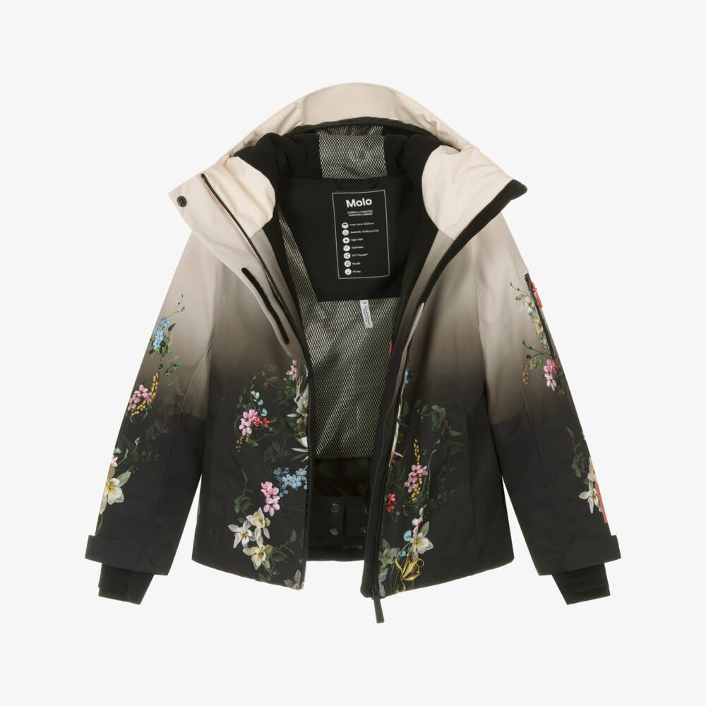 Molo-Girls Ivory & Black Floral Print Technical Ski Jacket | Childrensalon