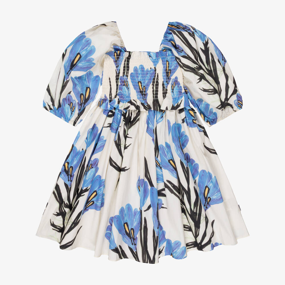 Molo-Girls Ivory & Blue Crocus Print Cotton Dress | Childrensalon