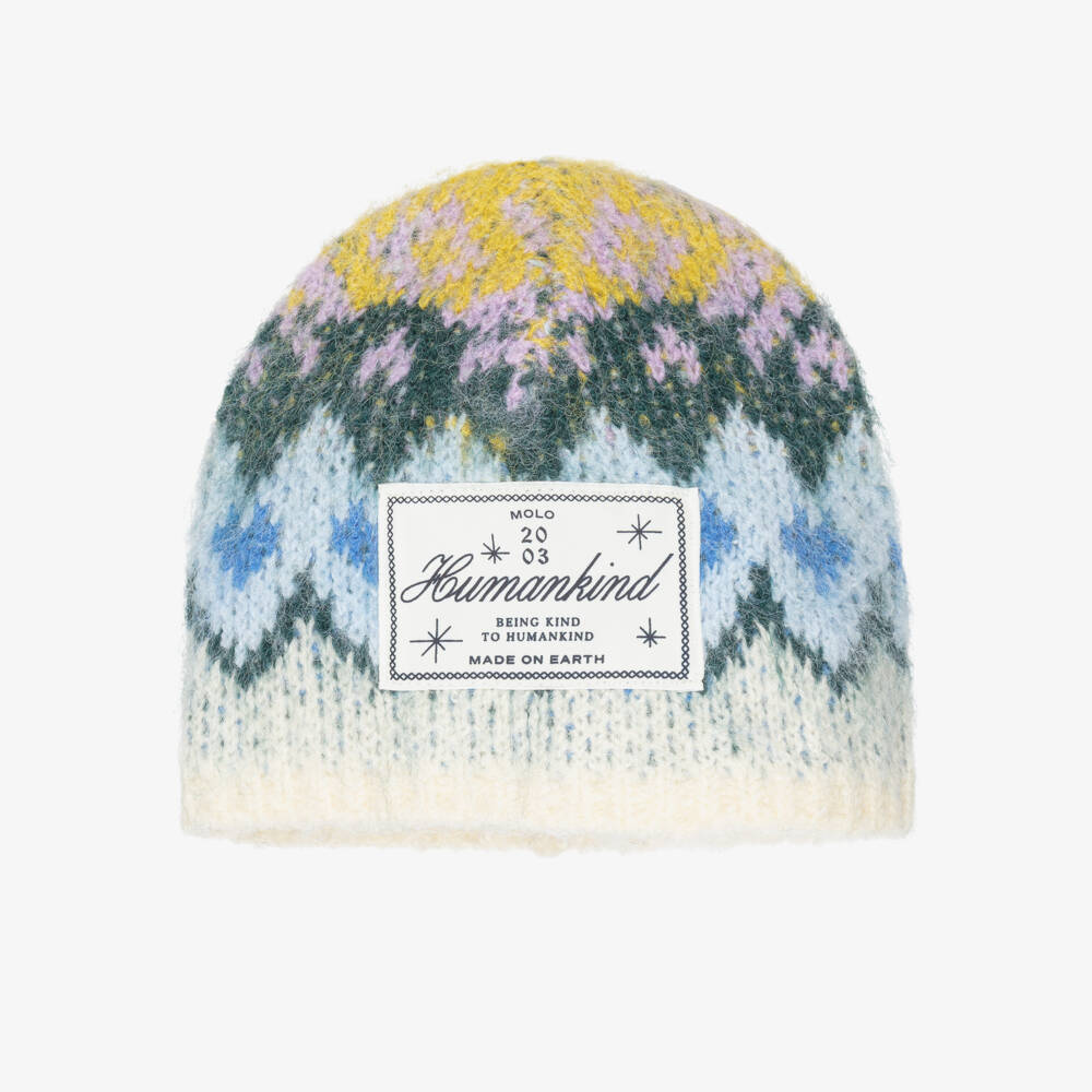 Molo-Girls Ivory & Blue Fair Isle Knit Beanie Hat | Childrensalon
