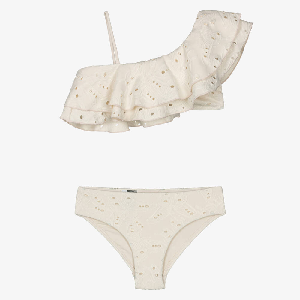 Molo-Girls Ivory Butterfly Jacquard Ruffle Bikini (UPF50+) | Childrensalon