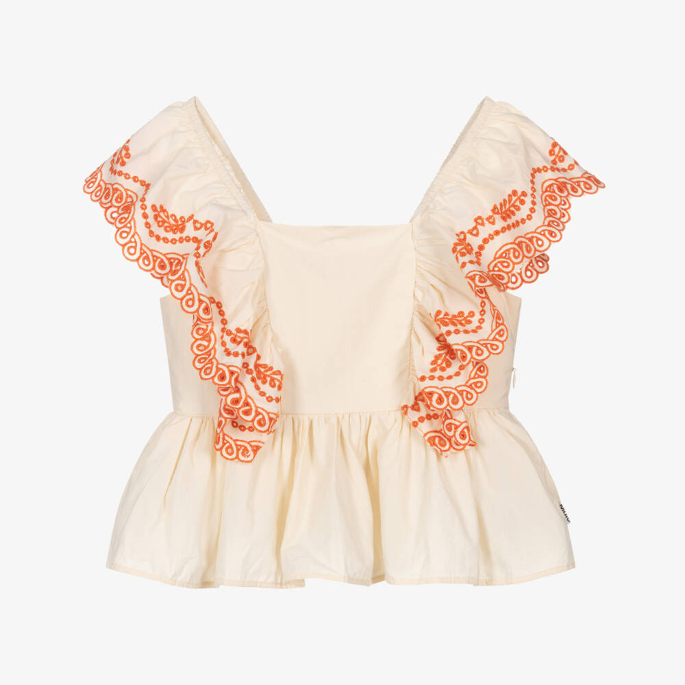 Molo-Girls Ivory Cotton Blouse with Orange Embroidery | Childrensalon