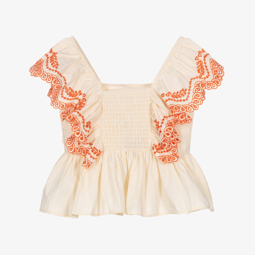 Molo-Girls Ivory Cotton Blouse with Orange Embroidery | Childrensalon
