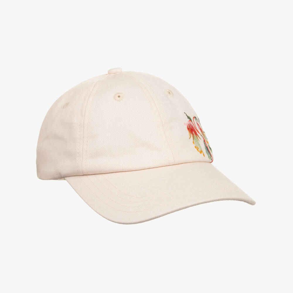 Molo-Girls Ivory Cotton Cap with Floral Embroidery | Childrensalon