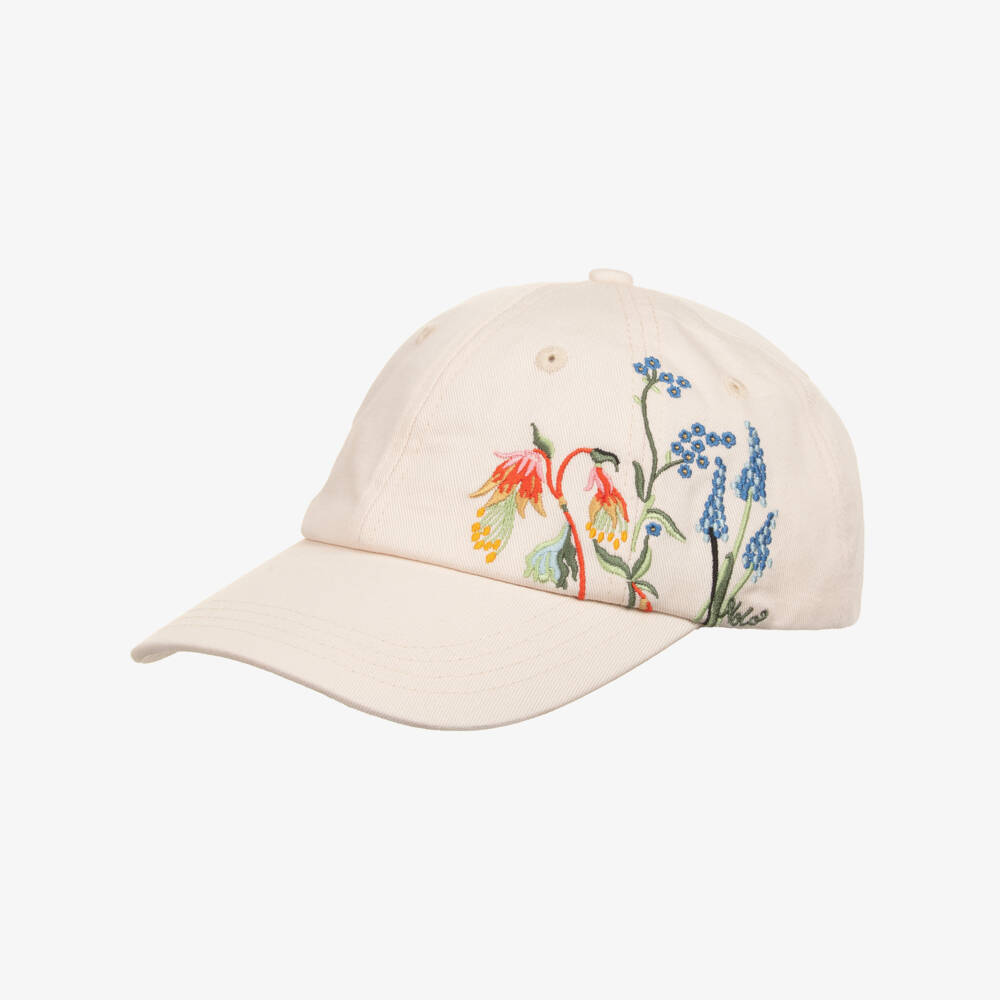 Molo-Girls Ivory Cotton Cap with Floral Embroidery | Childrensalon