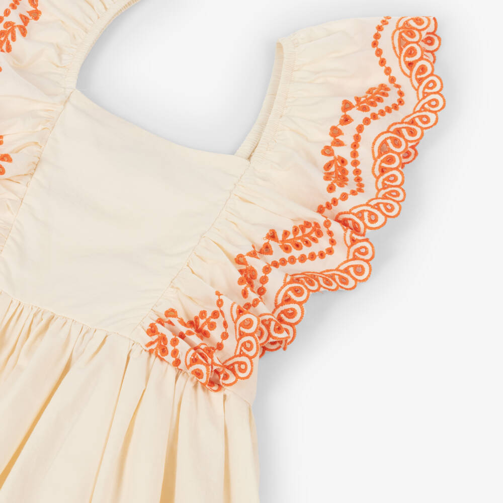 Molo-Girls Ivory Cotton Dress with Orange Embroidery | Childrensalon