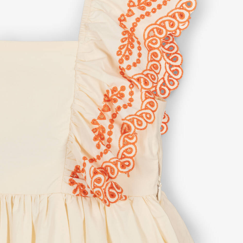 Molo-Girls Ivory Cotton Dress with Orange Embroidery | Childrensalon