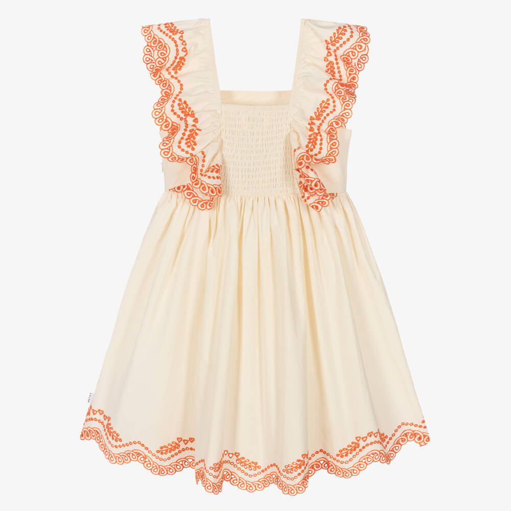 Molo-Girls Ivory Cotton Dress with Orange Embroidery | Childrensalon
