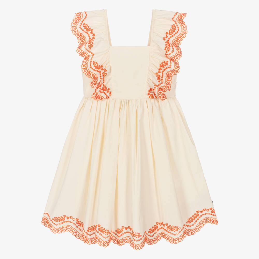 Molo-Girls Ivory Cotton Dress with Orange Embroidery | Childrensalon