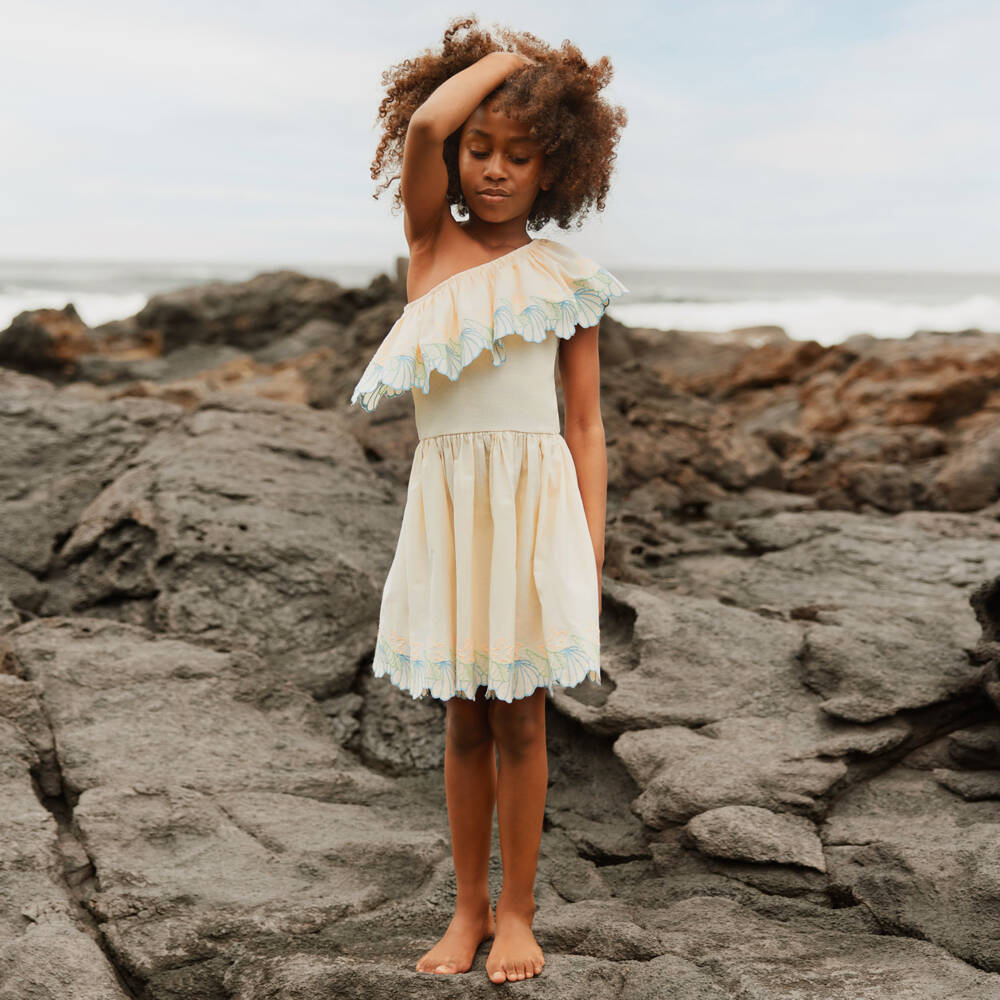 Molo-Girls Ivory Cotton Dress with Seashell Embroidery | Childrensalon