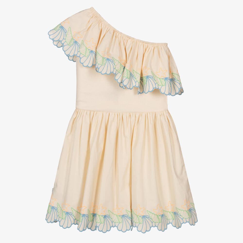 Molo-Girls Ivory Cotton Dress with Seashell Embroidery | Childrensalon
