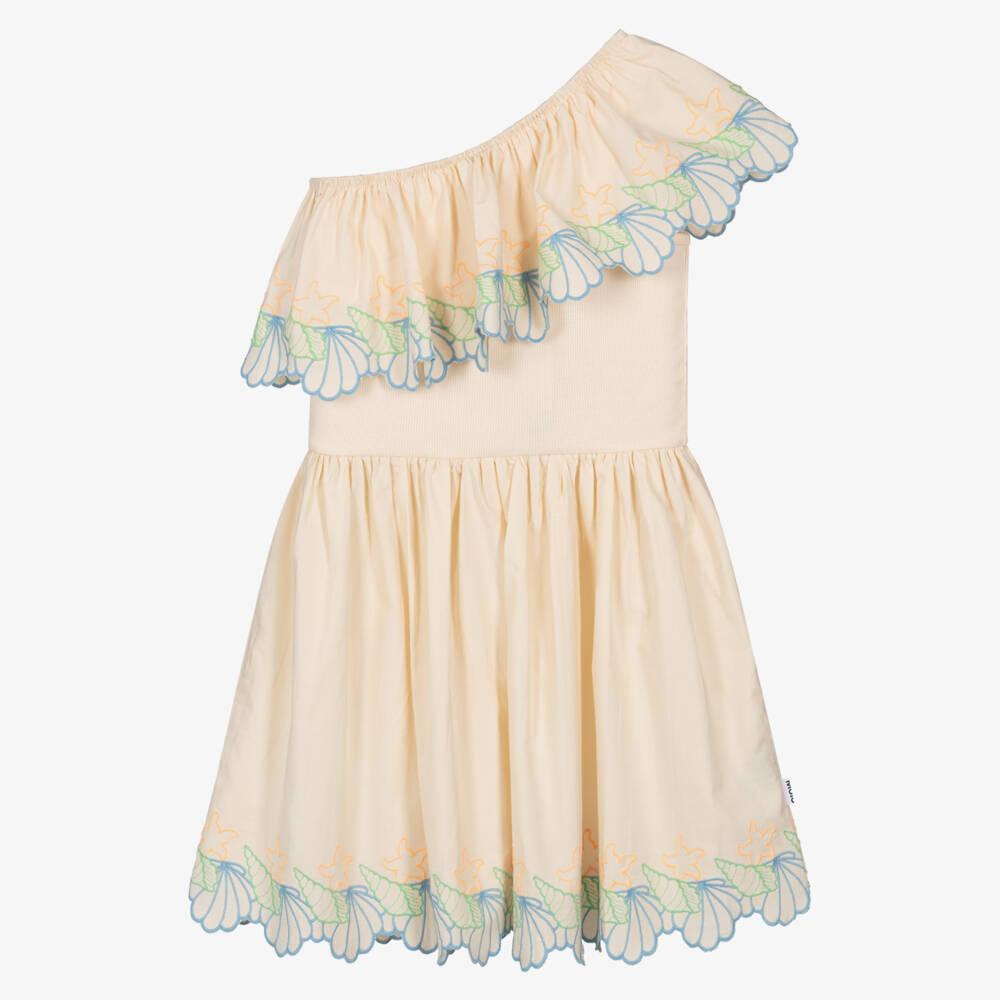 Molo-Girls Ivory Cotton Dress with Seashell Embroidery | Childrensalon