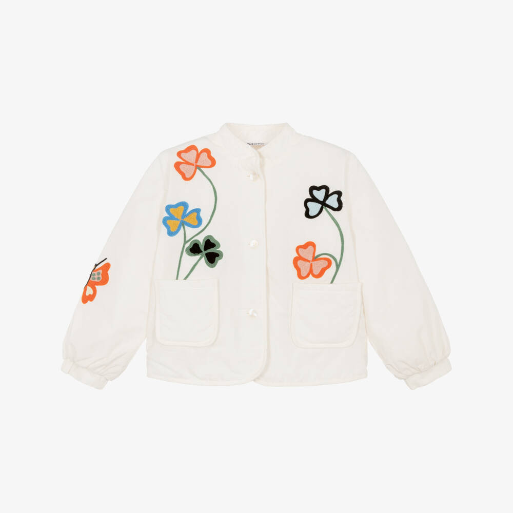 Molo-Girls Ivory Cotton Jacket with Embroidered Flowers | Childrensalon
