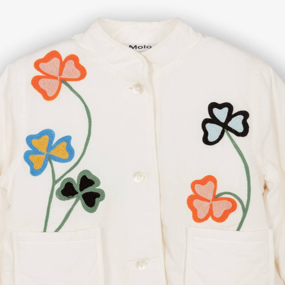 Molo-Girls Ivory Cotton Jacket with Embroidered Flowers | Childrensalon