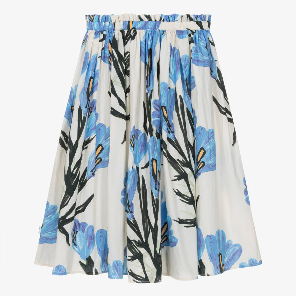 Molo-Girls Ivory Cotton Jersey Midi Skirt with Blue Flower Print | Childrensalon