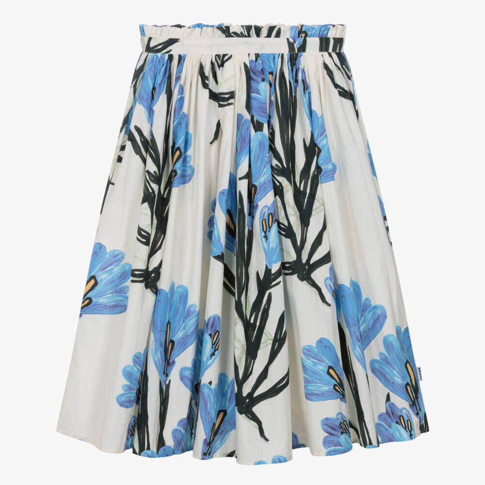 Molo-Girls Ivory Cotton Jersey Midi Skirt with Blue Flower Print | Childrensalon