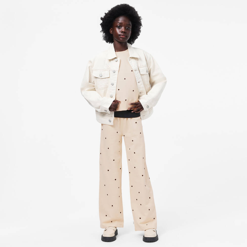 Molo-Girls Ivory Cotton Joggers with Black Heart Embroidery | Childrensalon