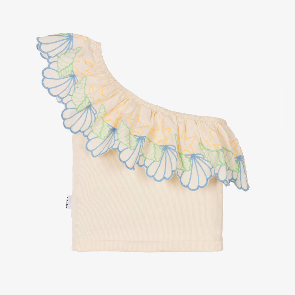 Molo-Girls Ivory Cotton One Shoulder Top with Seashell Embroidery | Childrensalon