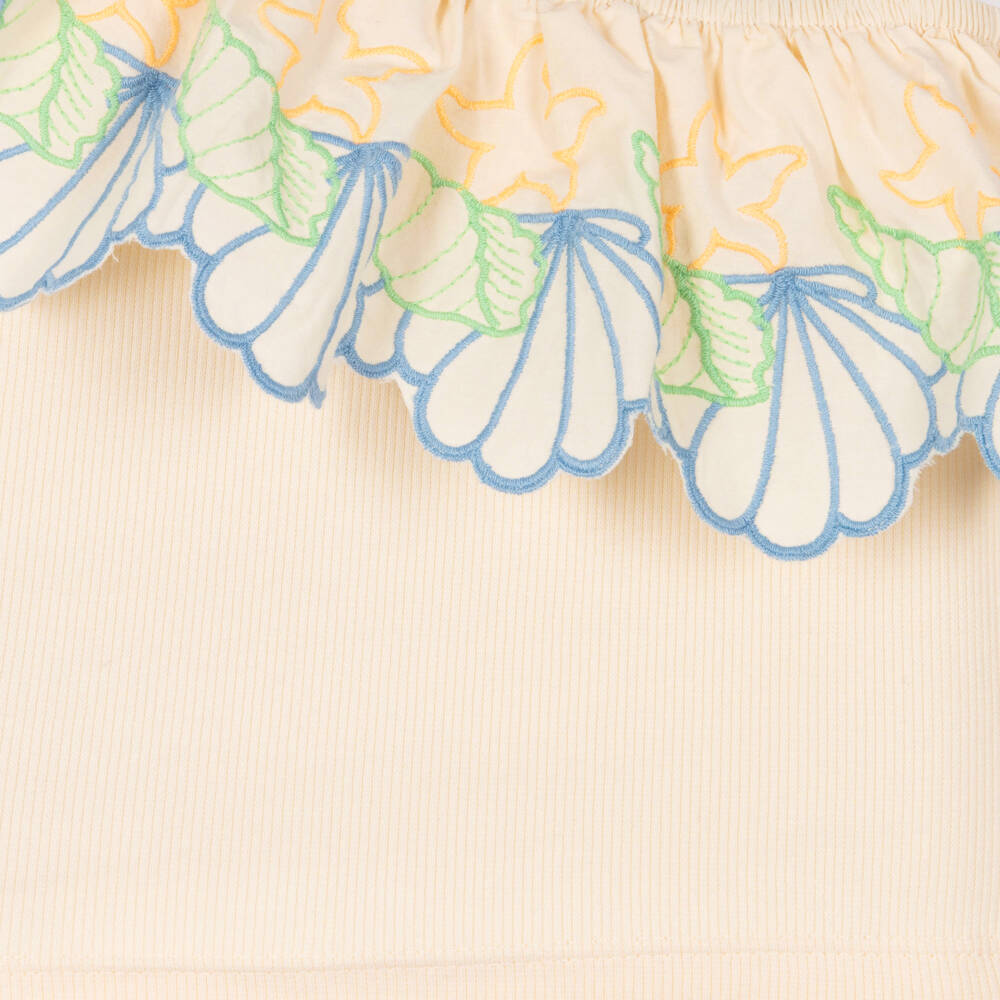 Molo-Girls Ivory Cotton One Shoulder Top with Seashell Embroidery | Childrensalon