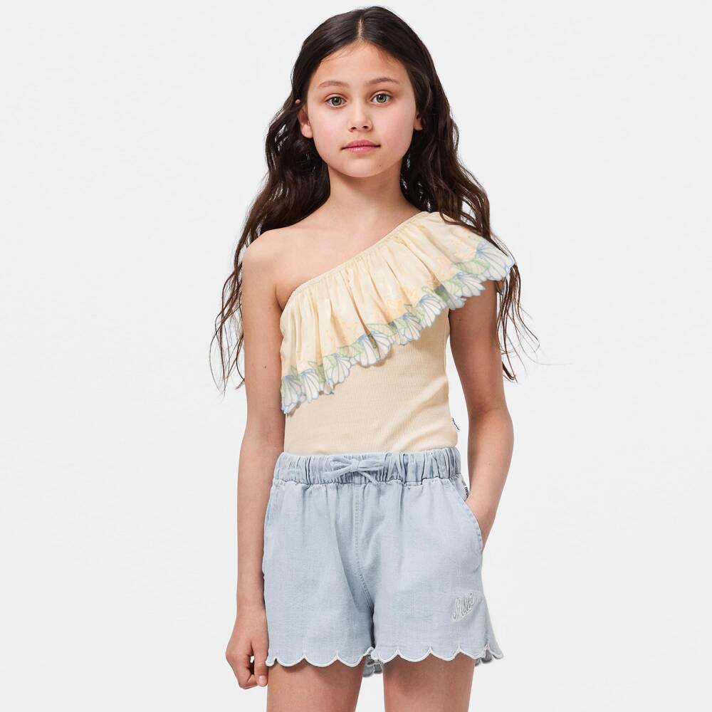 Molo-Girls Ivory Cotton One Shoulder Top with Seashell Embroidery | Childrensalon