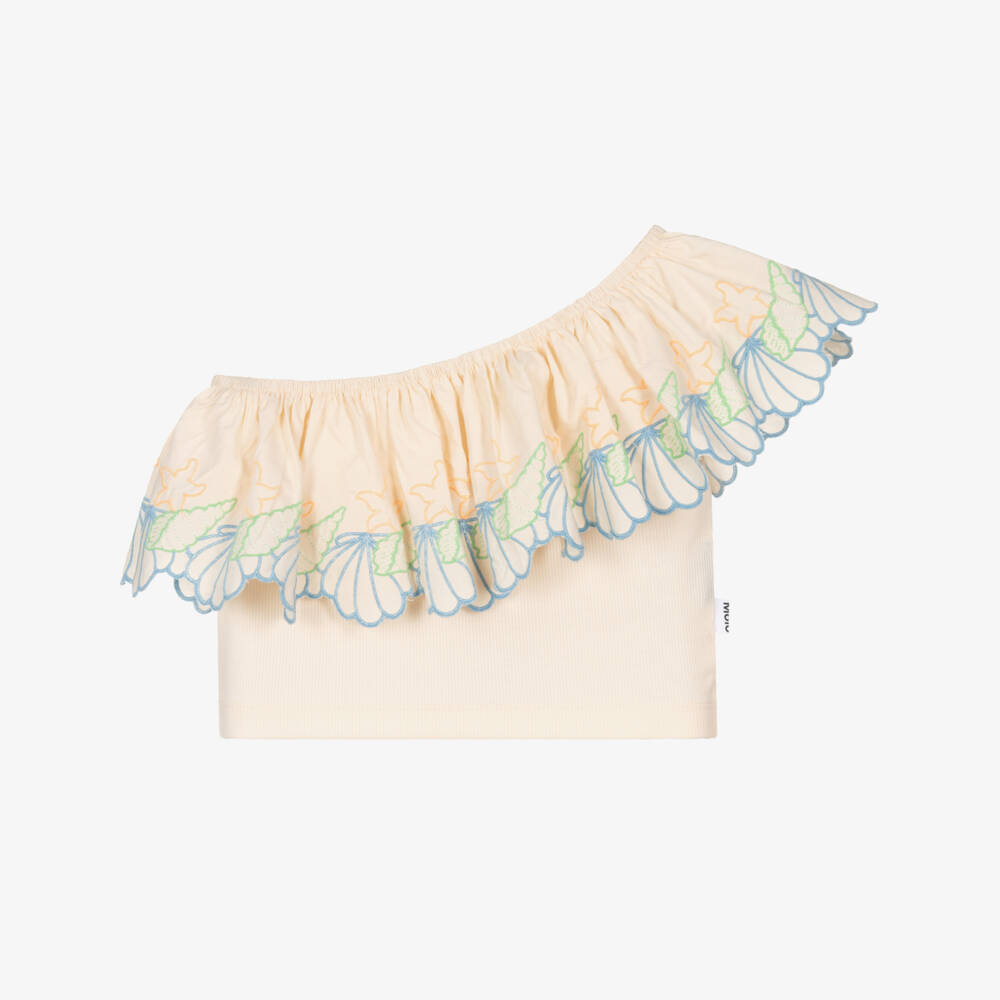 Molo-Girls Ivory Cotton One Shoulder Top with Seashell Embroidery | Childrensalon
