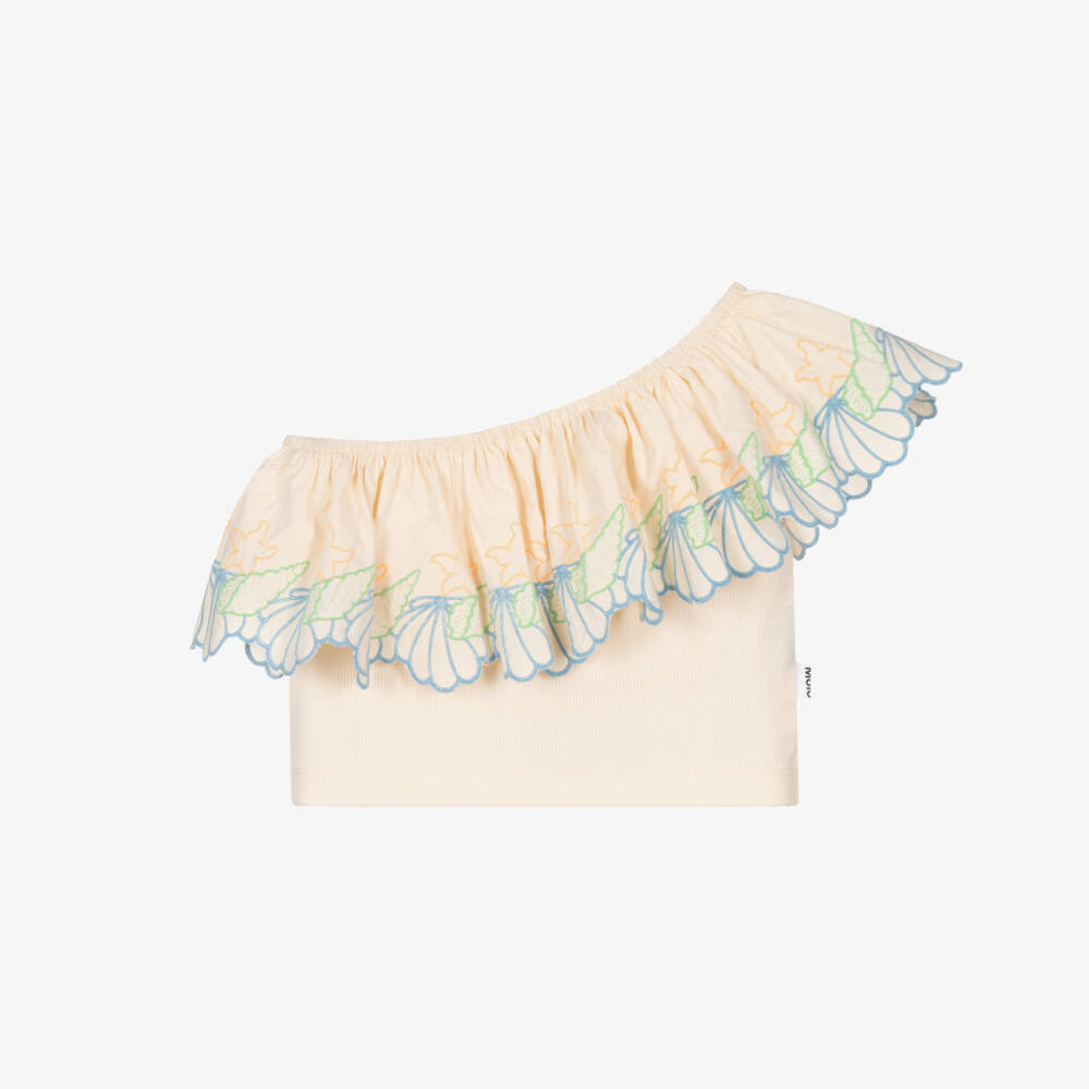 Molo-Girls Ivory Cotton One Shoulder Top with Seashell Embroidery | Childrensalon