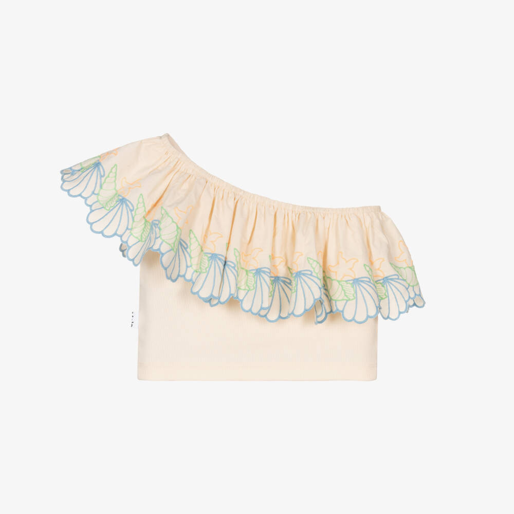 Molo-Girls Ivory Cotton One Shoulder Top with Seashell Embroidery | Childrensalon