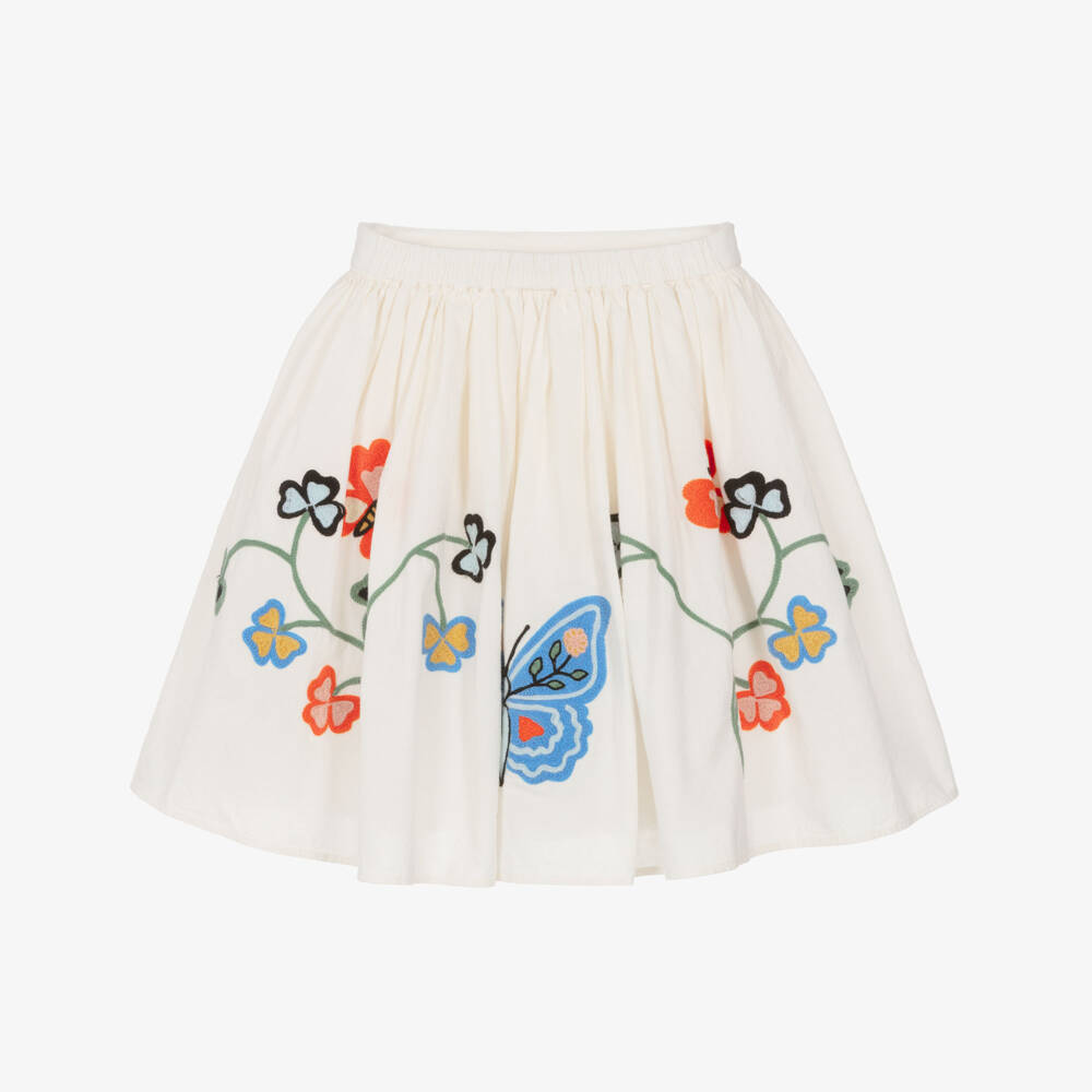 Molo-Girls Ivory Cotton Skirt with Embroidered Butterflies | Childrensalon